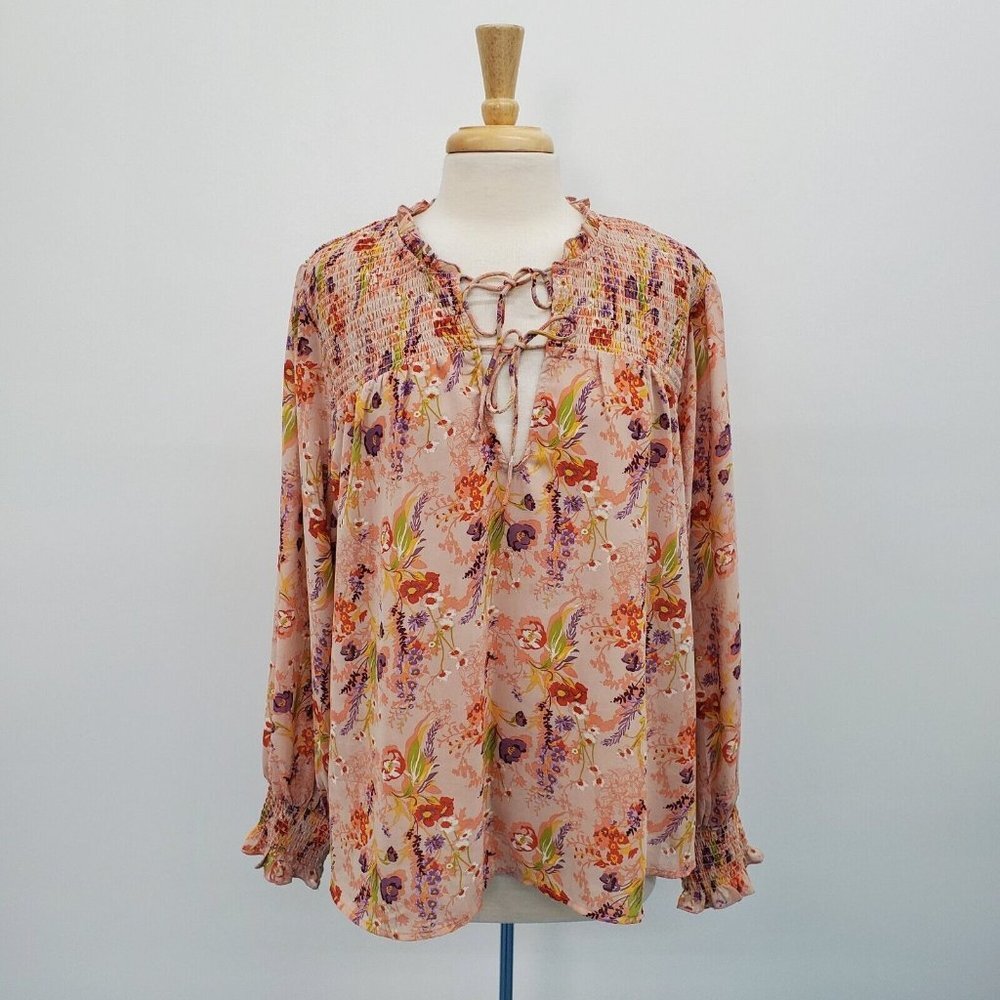 Ophelia Roe Womens Pink Floral Smocked Tie Front Blouse Top Plus Size 3X L/S